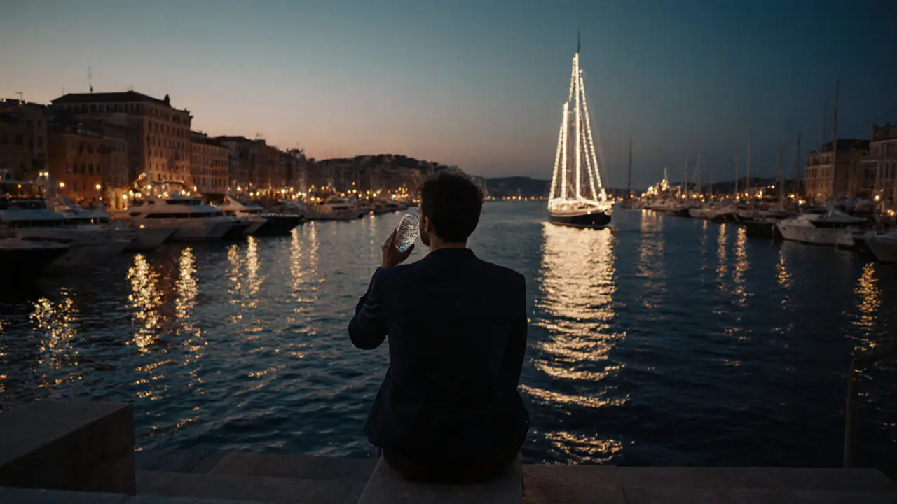 A solitary figure enjoying the harbor lights at dusk, yachts glowing like jewels on the water.