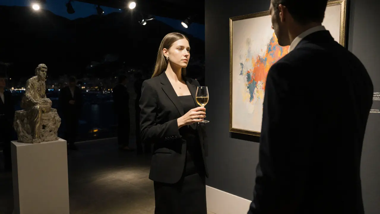 A sophisticated woman at a Monaco art gallery opening, engaged in thoughtful conversation beside an abstract painting.