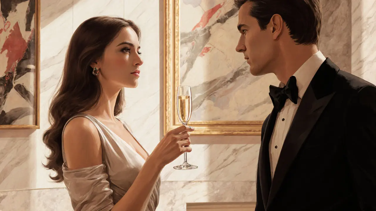 A sophisticated woman in an evening gown conversing quietly with a man in a tuxedo in a Monaco art gallery.