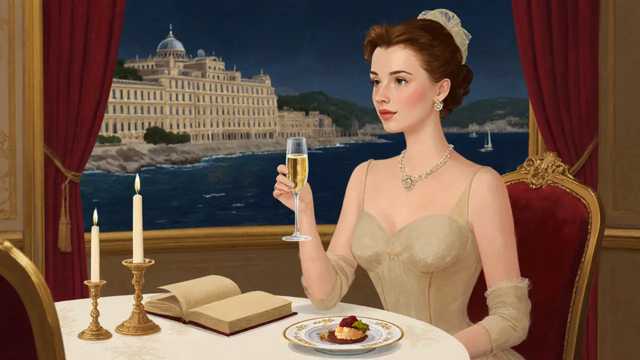 A sophisticated woman in an evening gown sipping champagne at a candlelit table in Le Louis XV, casino lights glowing in the distance.