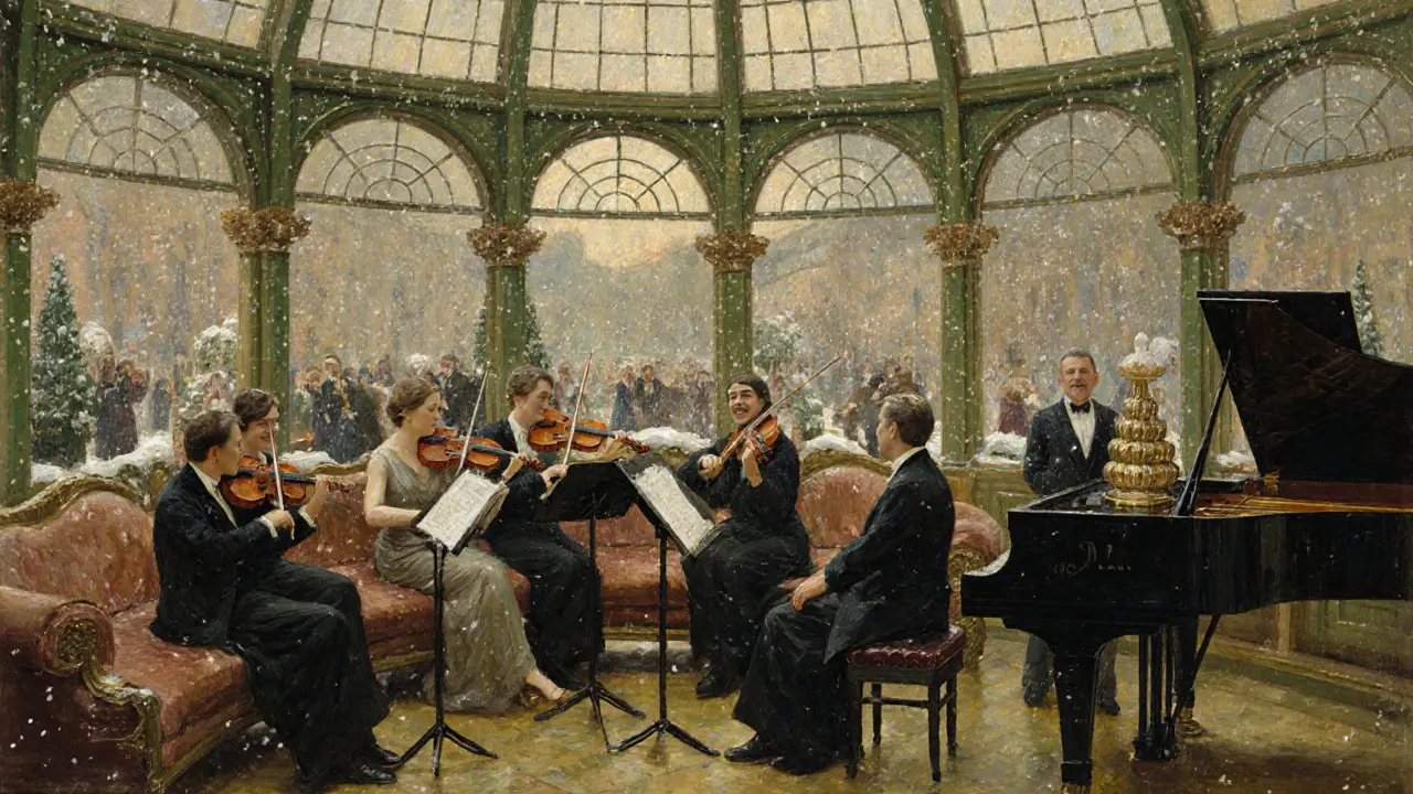 A string quartet performs in a winter garden under a glass dome, guests in evening wear sipping champagne nearby.