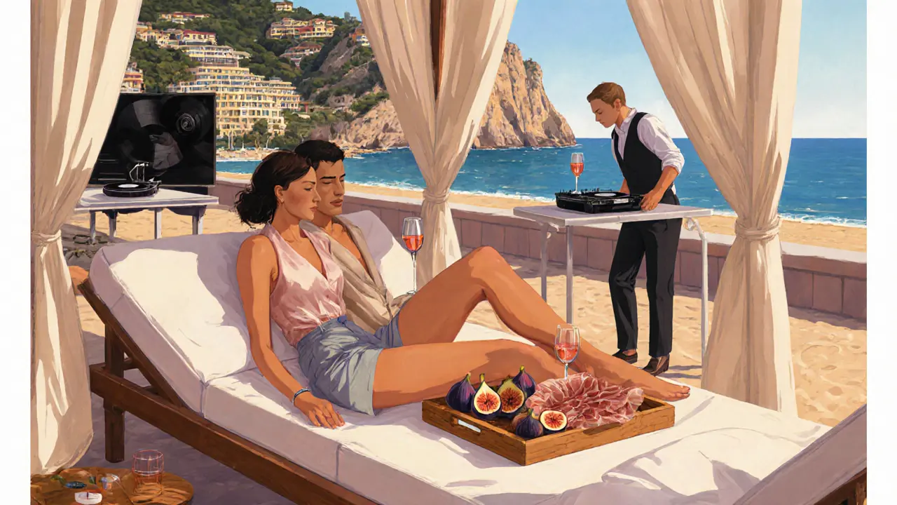 A stylish couple relaxes in a shaded cabana at Monaco Beach Club, enjoying fresh food and rosé with discreet service.