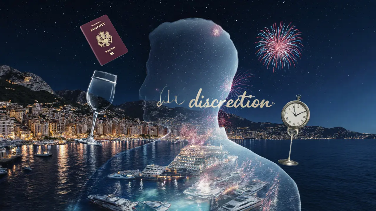 A translucent figure blending into Monaco&#039;s night skyline with symbolic objects floating around.