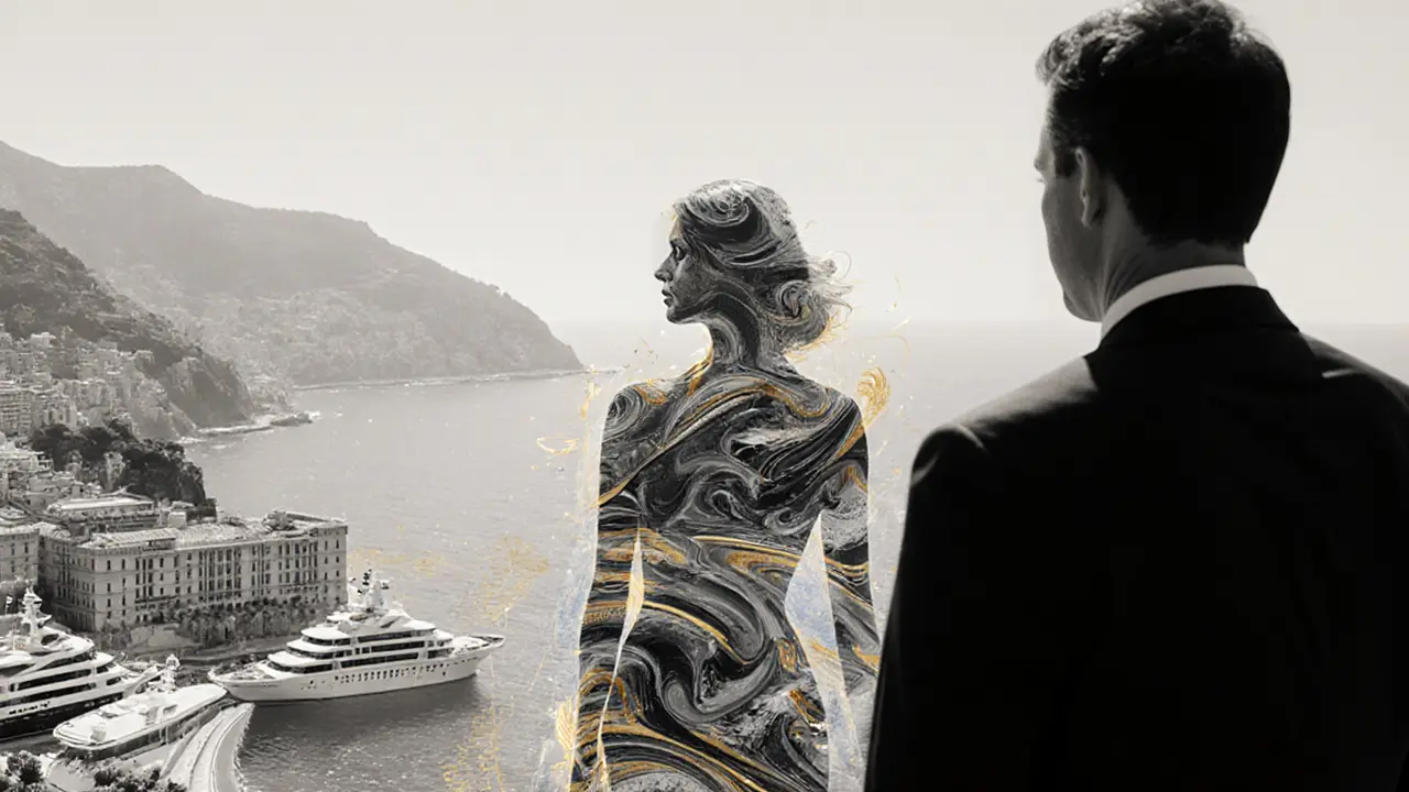 A transparent figure made of Monaco landmarks stands beside a man, symbolizing insider access to the Riviera.