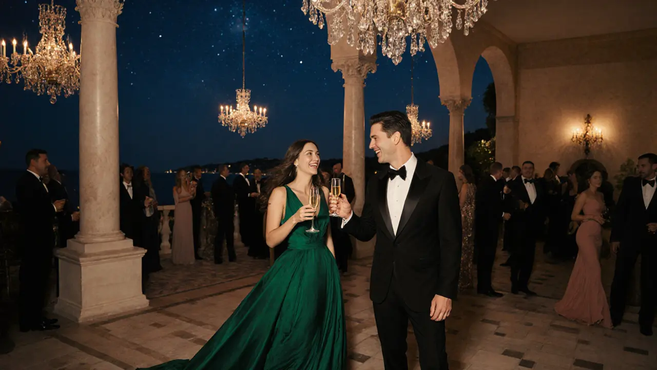 A well-dressed couple blending into a glamorous Monaco gala under chandeliers.