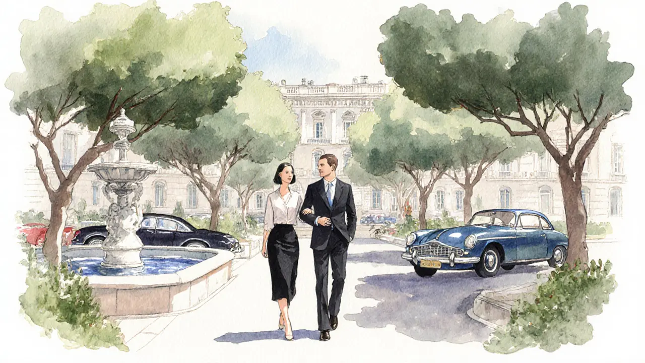 A well-dressed couple walking calmly through elegant gardens of Hotel de Paris in Monaco.