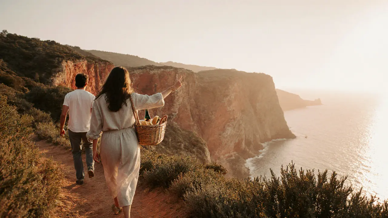 A woman leads a client on a sunrise hike along the Esterel cliffs, carrying a basket of wine and bread.