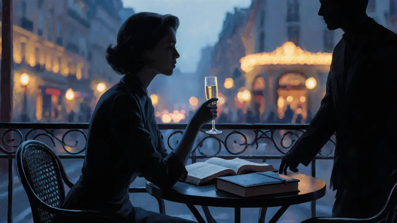 A woman sits alone at a terrace café in Monte Carlo, champagne in hand, city lights blurred around her.