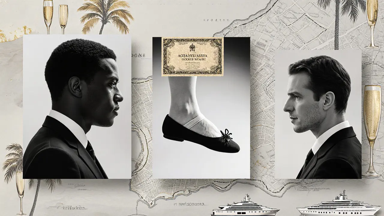 Abstract composition of executive, artistic, and cultural symbols representing elite companionship in Monaco.