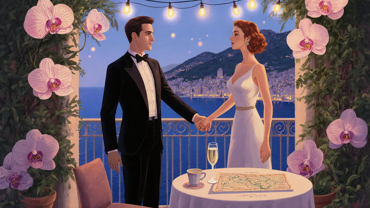 An elegant woman shows a guest a hidden terrace in Monaco, overlooking the Mediterranean at twilight.