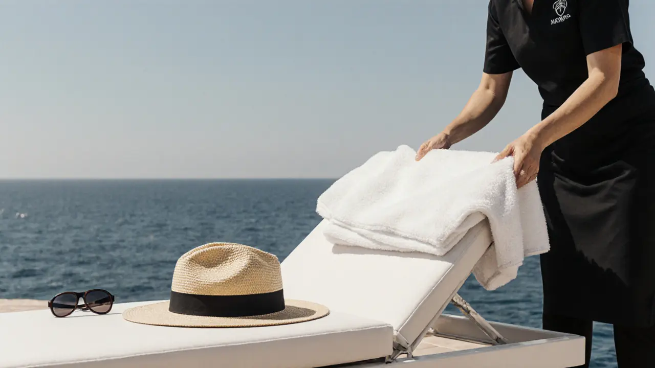 An empty lounger is being reassigned as staff quietly offer comfort to the next guest, embodying the club’s silent elegance.