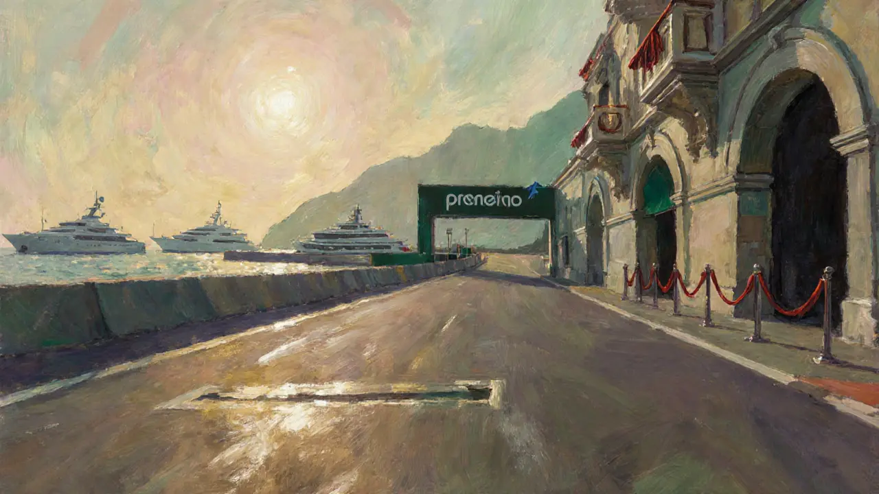 An empty Monaco street at dawn with a glowing F1 tire mark near the tunnel, yachts silhouetted in the distance.