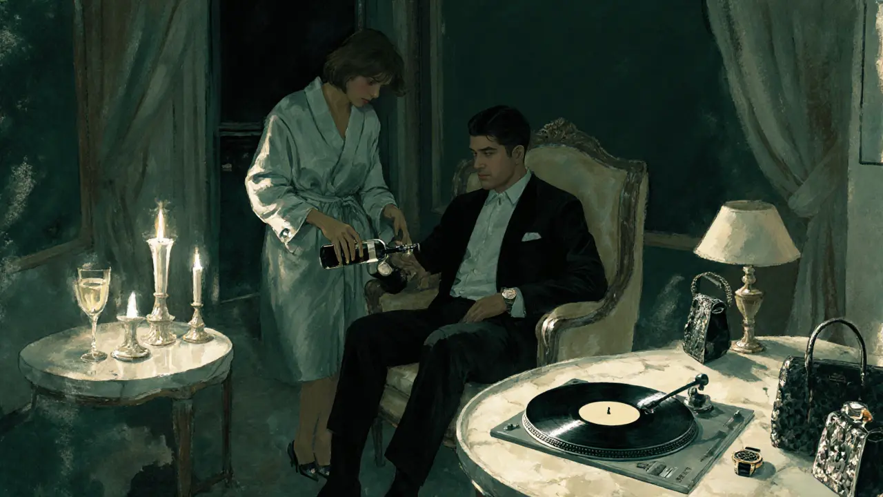 An intimate evening in a luxury hotel suite: a woman pours wine for a guest in soft candlelight.