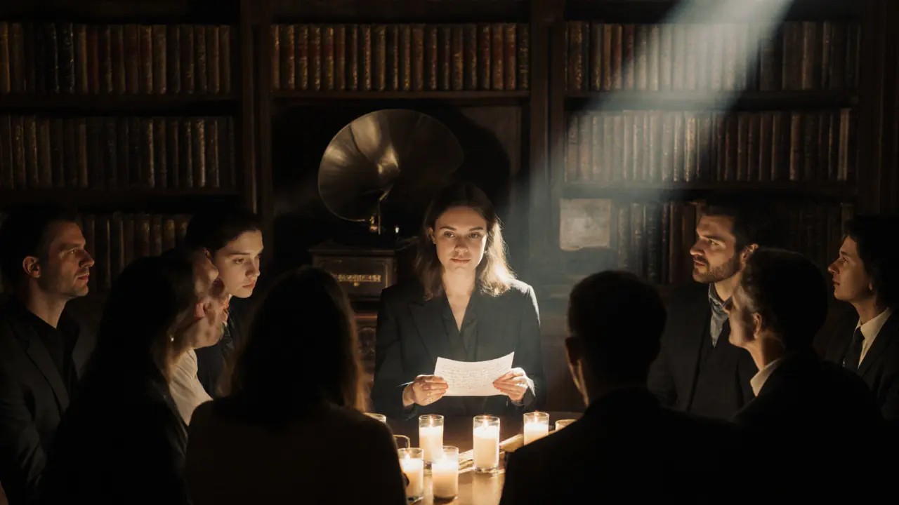 Circle of guests listening intently in a candlelit library lounge during a quiet storytelling moment.