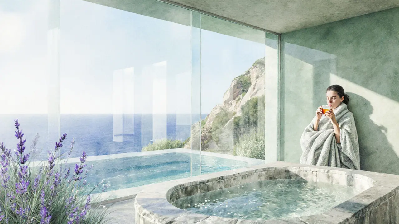 Cliffside spa sanctuary with thermal bath and Mediterranean view, guest wrapped in blanket sipping tea.