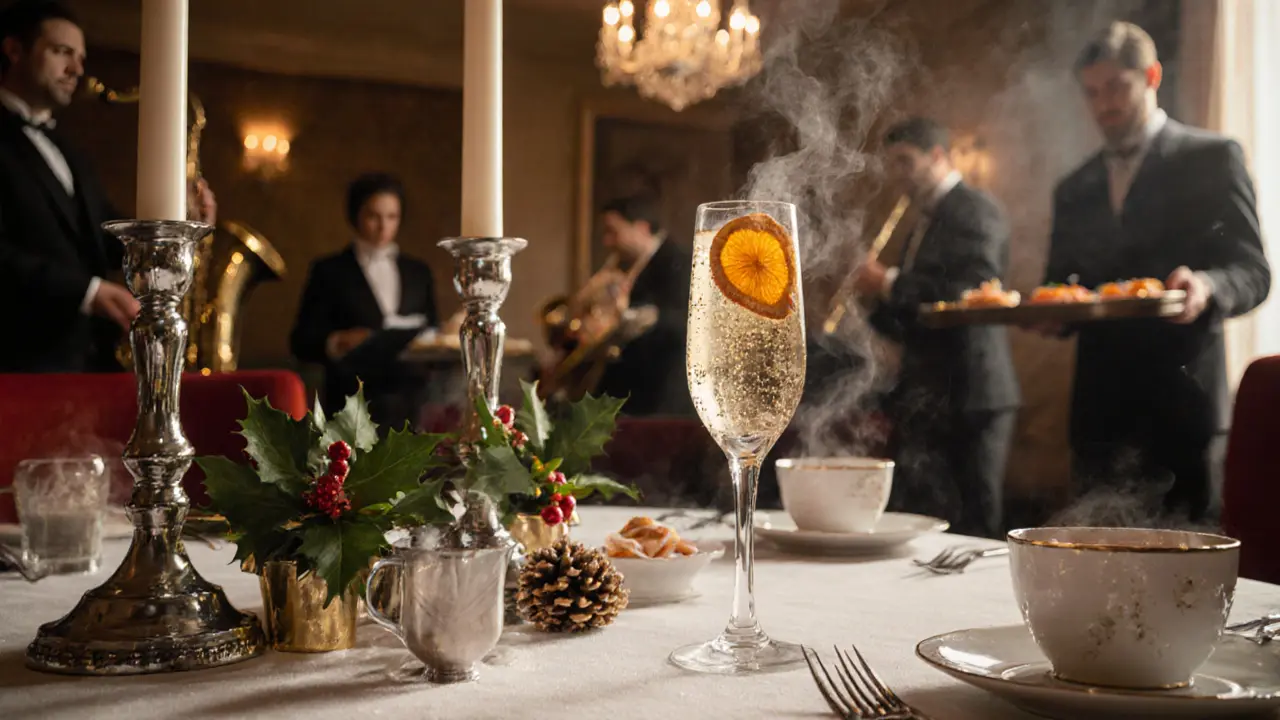Close-up of a holiday cocktail with gold leaf and candied orange peel, silver candlesticks, and holly centerpieces on a velvet table.