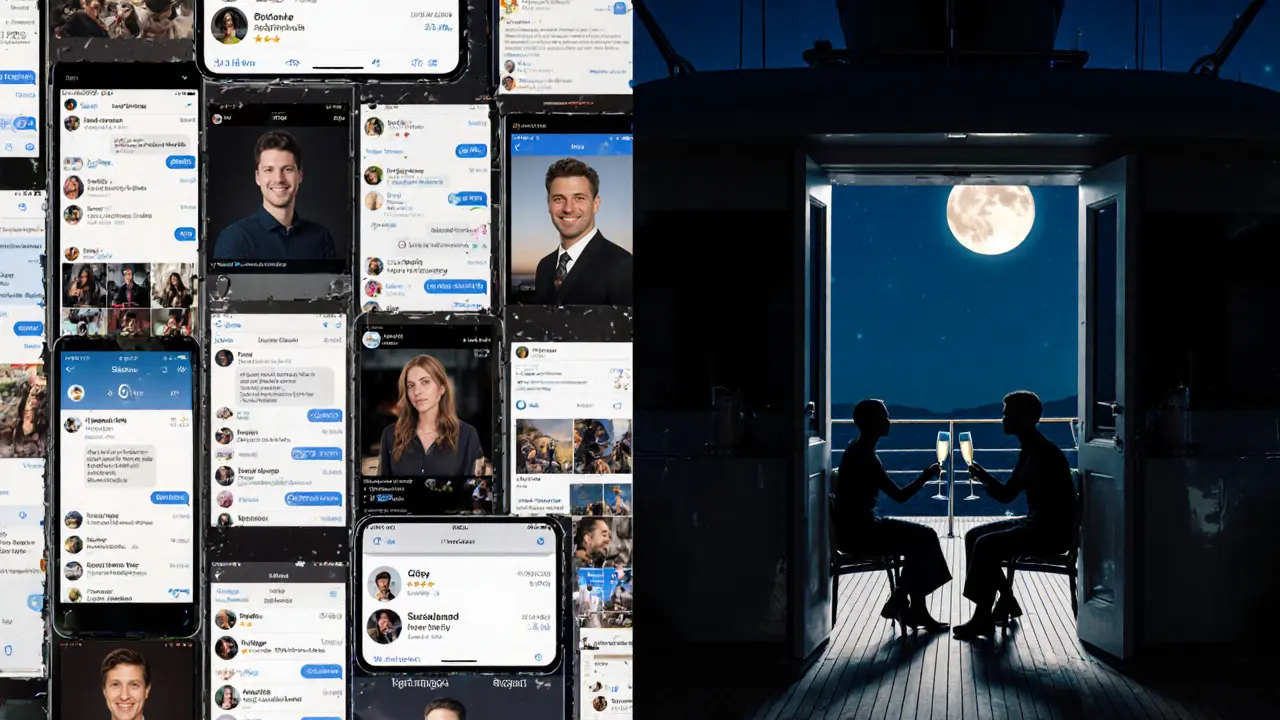 Contrast between fleeting digital connections and genuine human presence on a moonlit yacht.