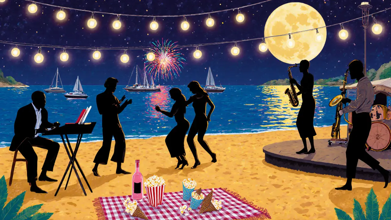 Couples dancing on beach at jazz night with fireworks reflecting on water