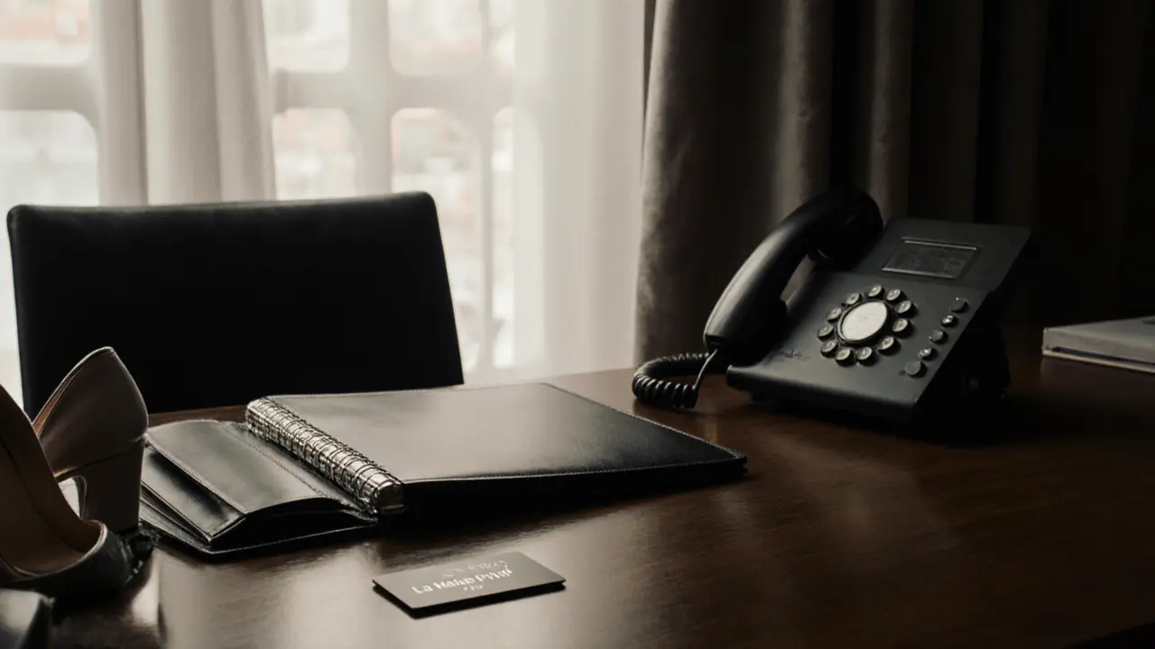 Discreet agency office with leather folder, keycard, and designer heels on oak desk, muted lighting.