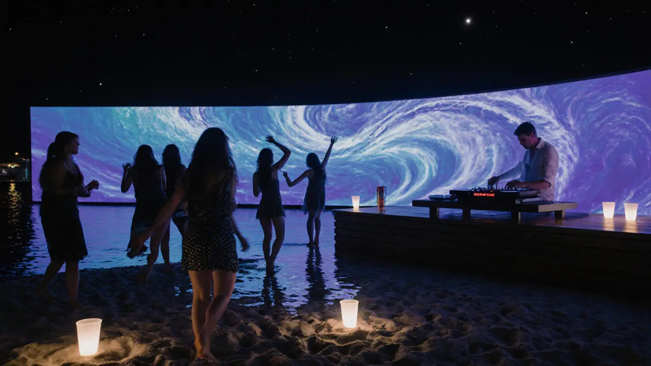 DJ playing electronic music over the sea at night, lights projected on the wall, barefoot dancers on sand.