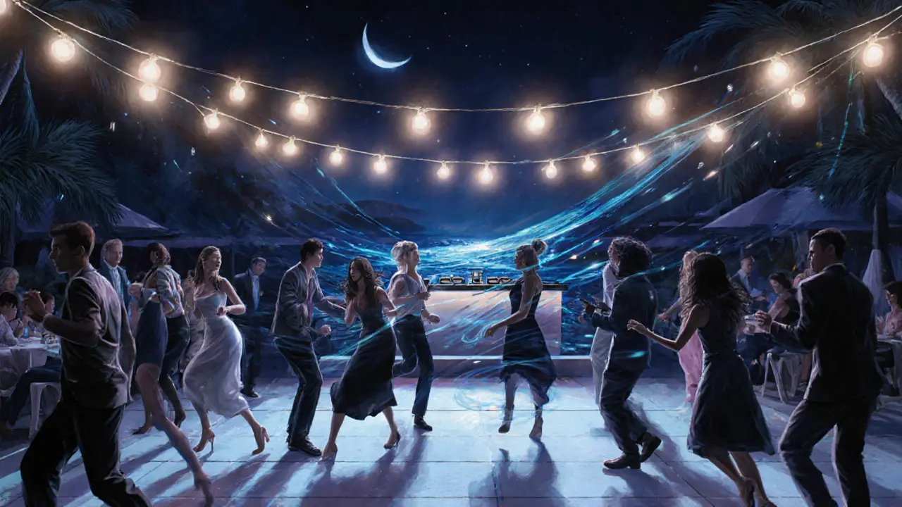 Elegant crowd dancing under soft string lights at Nikki Beach Monaco after sunset, moonlit water in the background.
