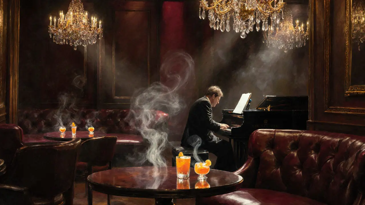 Elegant interior of Le Bar with a pianist playing, crystal chandeliers, and warm lighting reflecting off polished wood and cocktails.