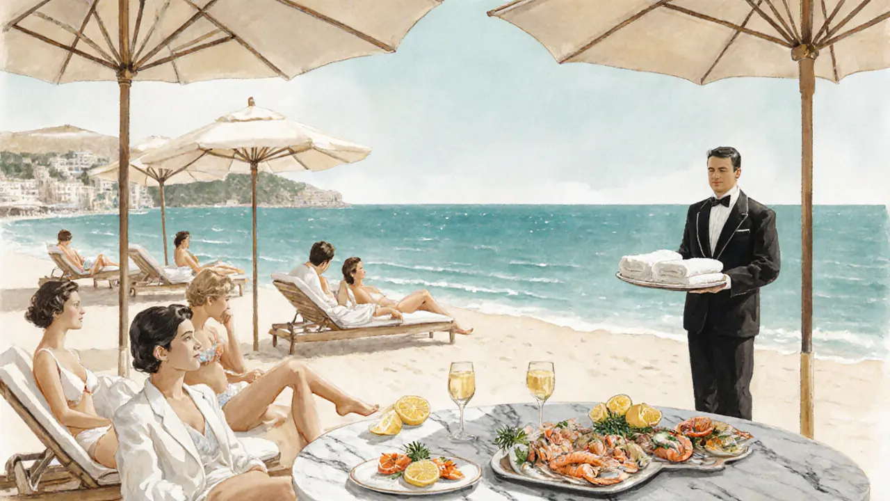 Elegant lunch at Monte-Carlo Beach with butler, parasols, and gourmet food by the sea.
