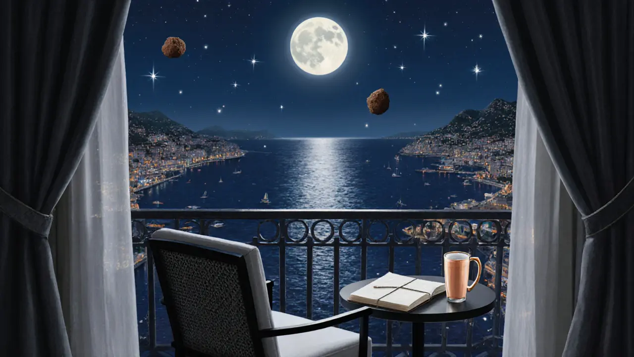 Empty balcony suite at night with a cocktail and journal, moonlight reflecting on the harbor, truffle shavings floating like fireflies.
