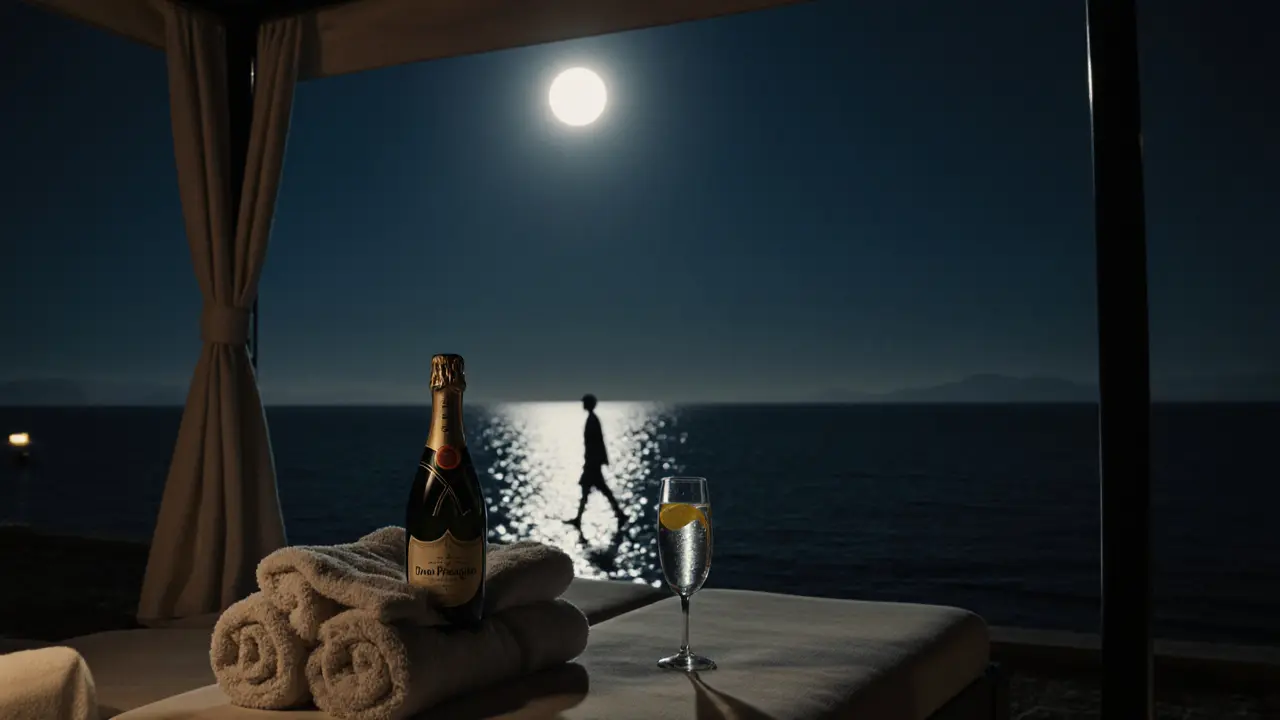 Empty private cabana at Monaco Beach Club with untouched champagne and lemon twist, moonlight reflecting on calm sea.