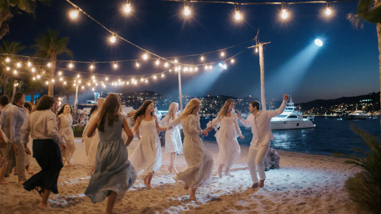 Evening party at Nikki Beach Monaco with dancing guests, string lights, and illuminated yachts in the background.