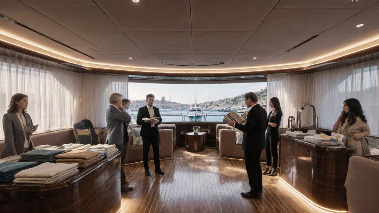 Interior of a luxury yacht showcasing custom fabric samples and ambient lighting for design enthusiasts.