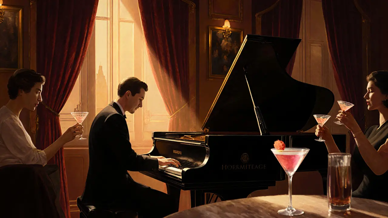 Intimate jazz piano bar with a pianist playing under soft light, patrons sipping cocktails amid velvet curtains and warm ambiance.