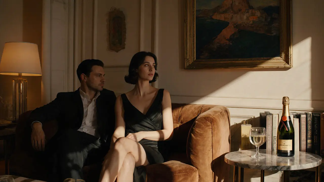 Intimate scene in a luxurious Monte Carlo apartment with books, art, and soft lighting.