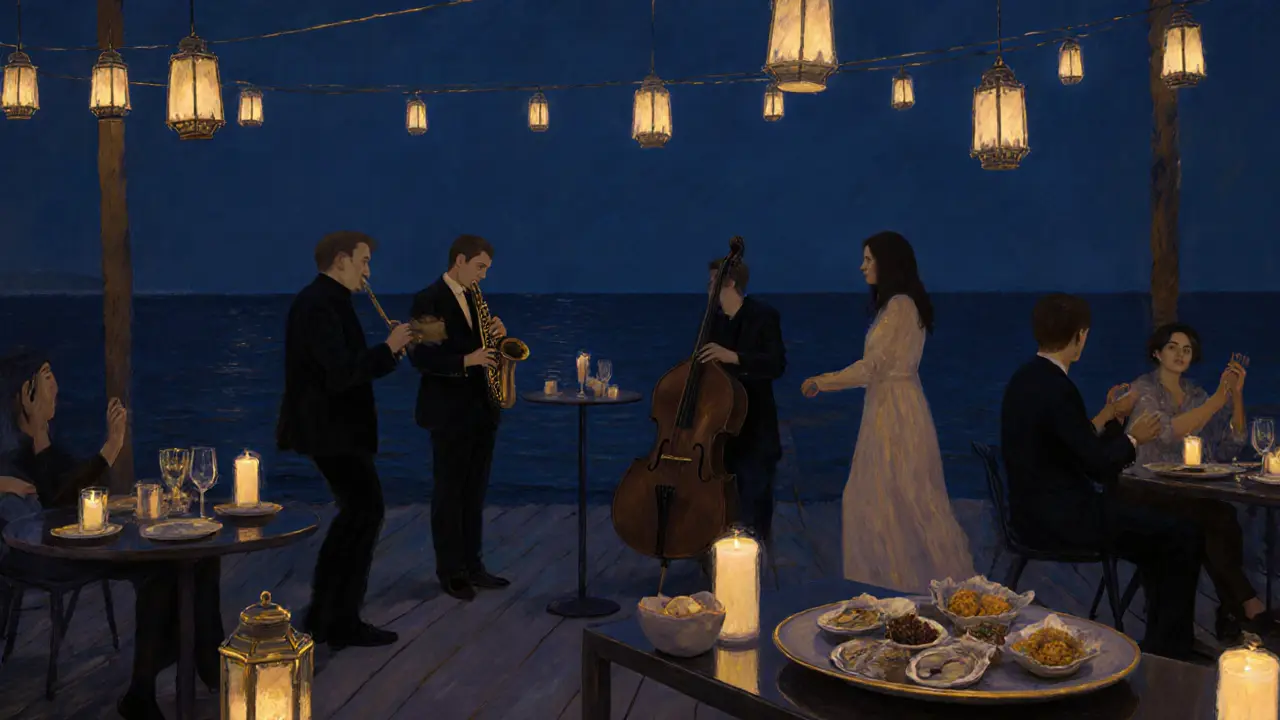 Live jazz performance under string lights at Monaco Beach Club, guests swaying gently as ocean reflections glow in the night.