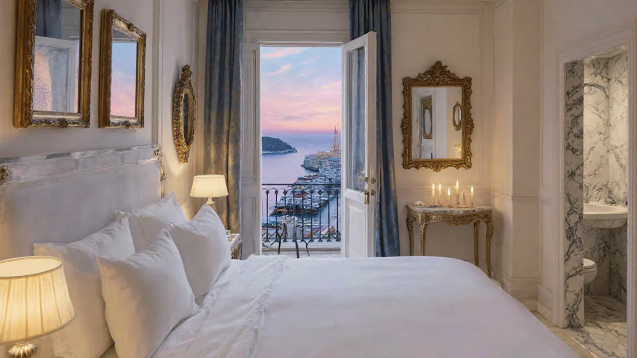 Luxurious hotel room with sea-view balcony and marble bathroom at dusk, candlelight reflecting in antique mirrors.