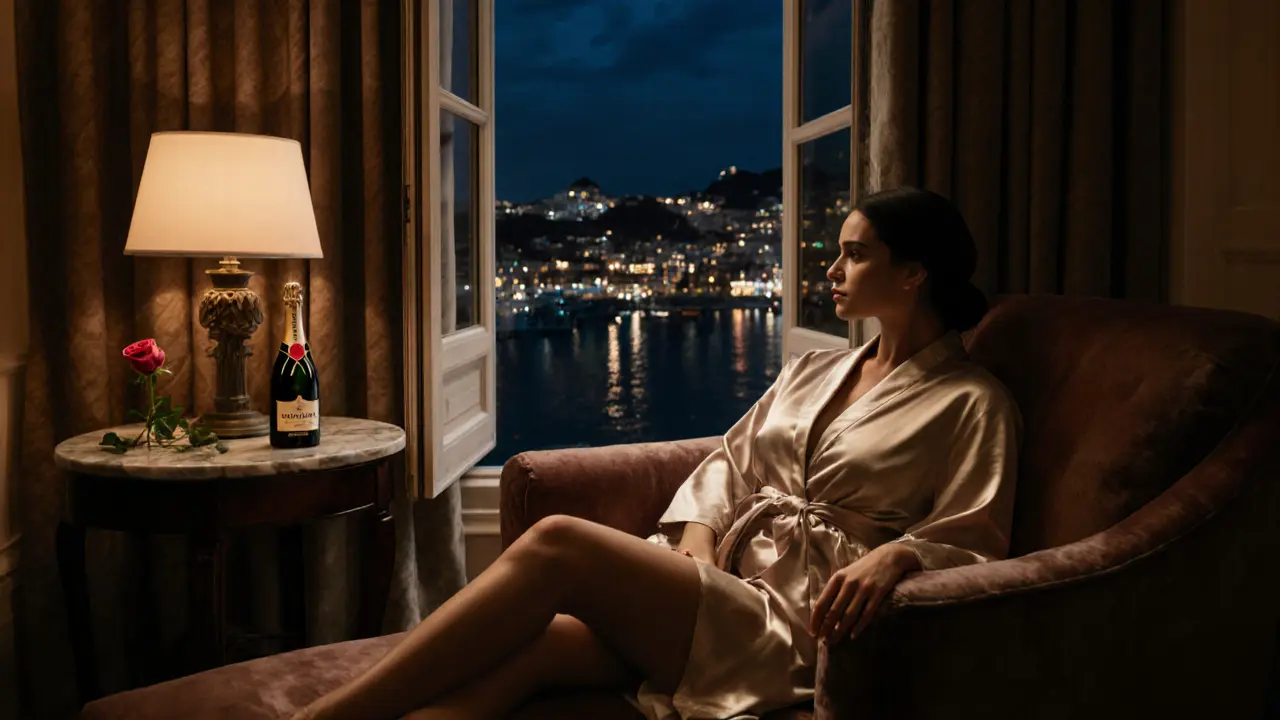 Luxurious hotel suite with silk robe, champagne, and city lights through a window, no faces visible.