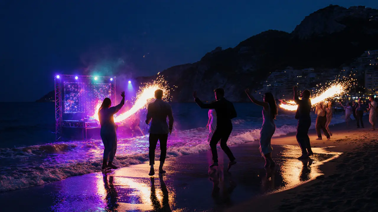 Nighttime party at Le Blue Beach with neon lights, fire dancers, and dancing guests.