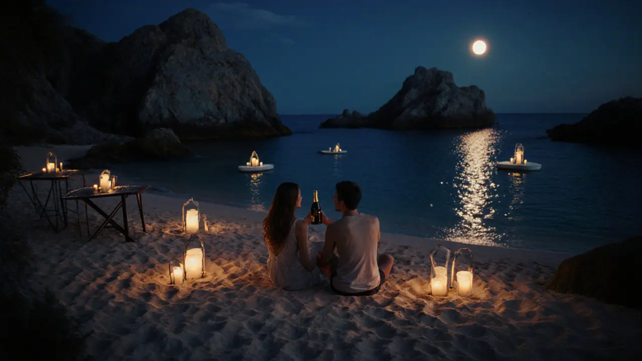 Private Midnight Coves with moonlit sand, floating lanterns, and a couple sharing champagne.