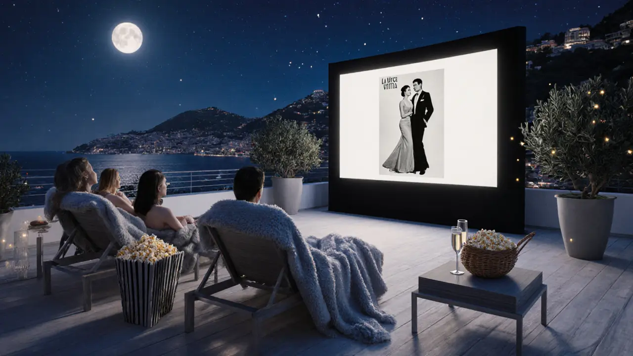 Rooftop cinema under the stars showing a classic film, guests lounging in blankets with champagne and popcorn, Monte Carlo skyline in distance.
