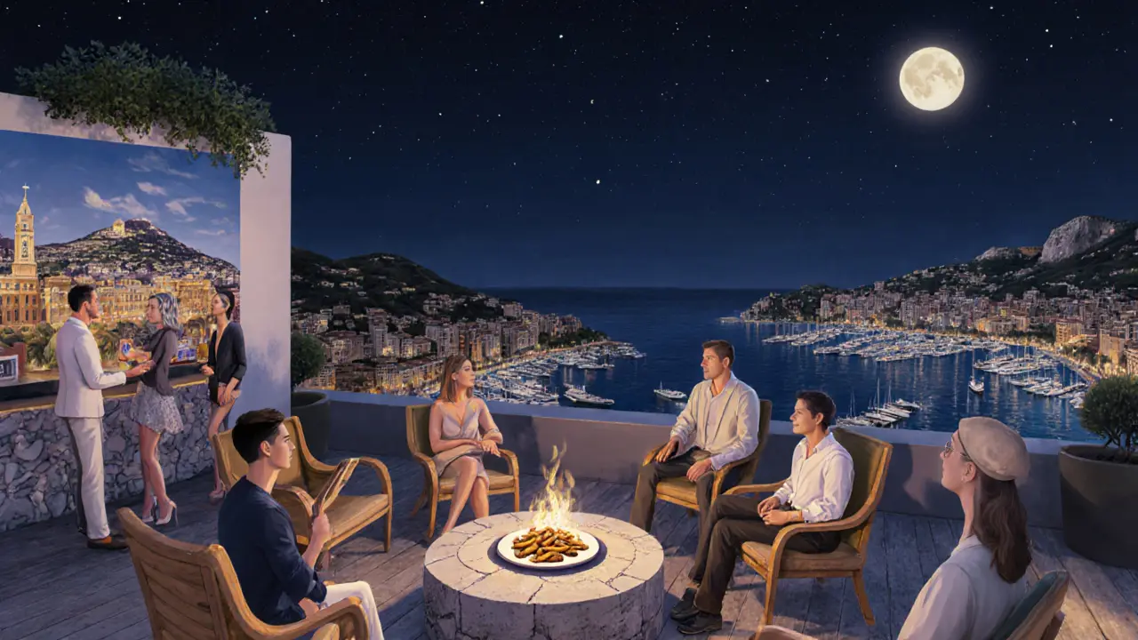 Rooftop fire pit under starry skies with guests in quiet conversation, Port Hercules glittering in the distance.
