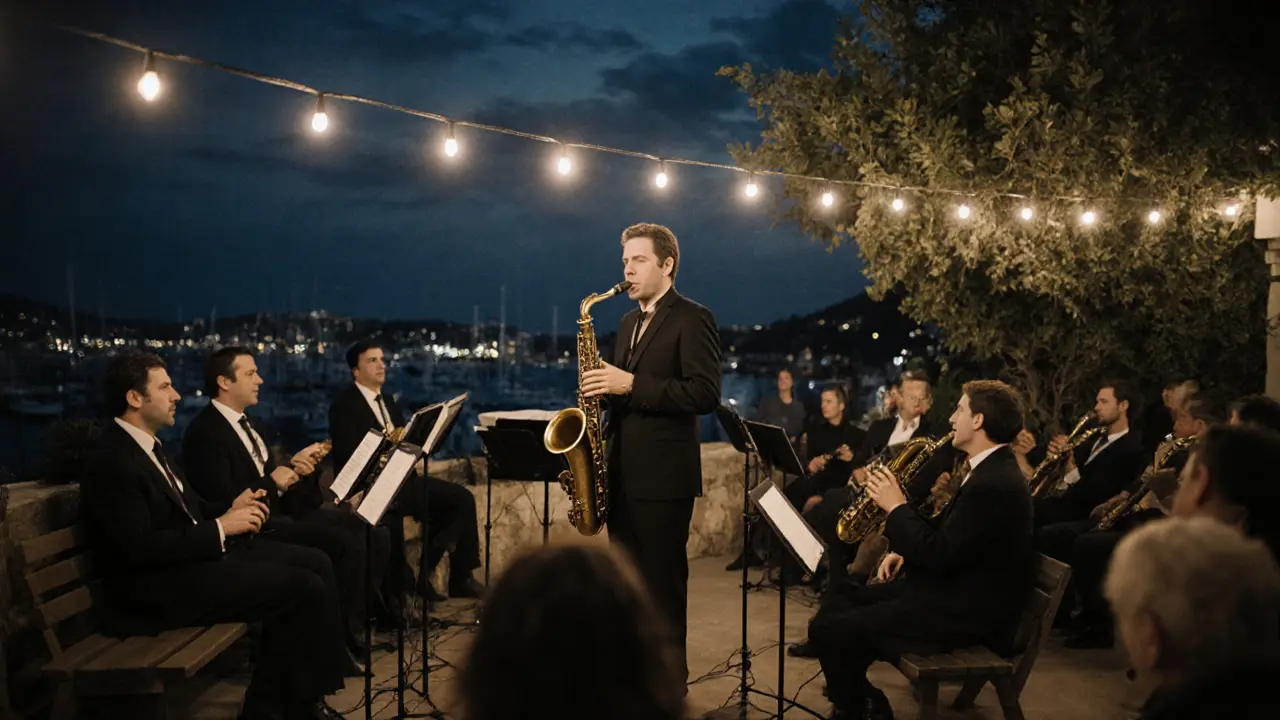 Saxophonist performing jazz on a terrace at night, guests listening quietly under string lights.