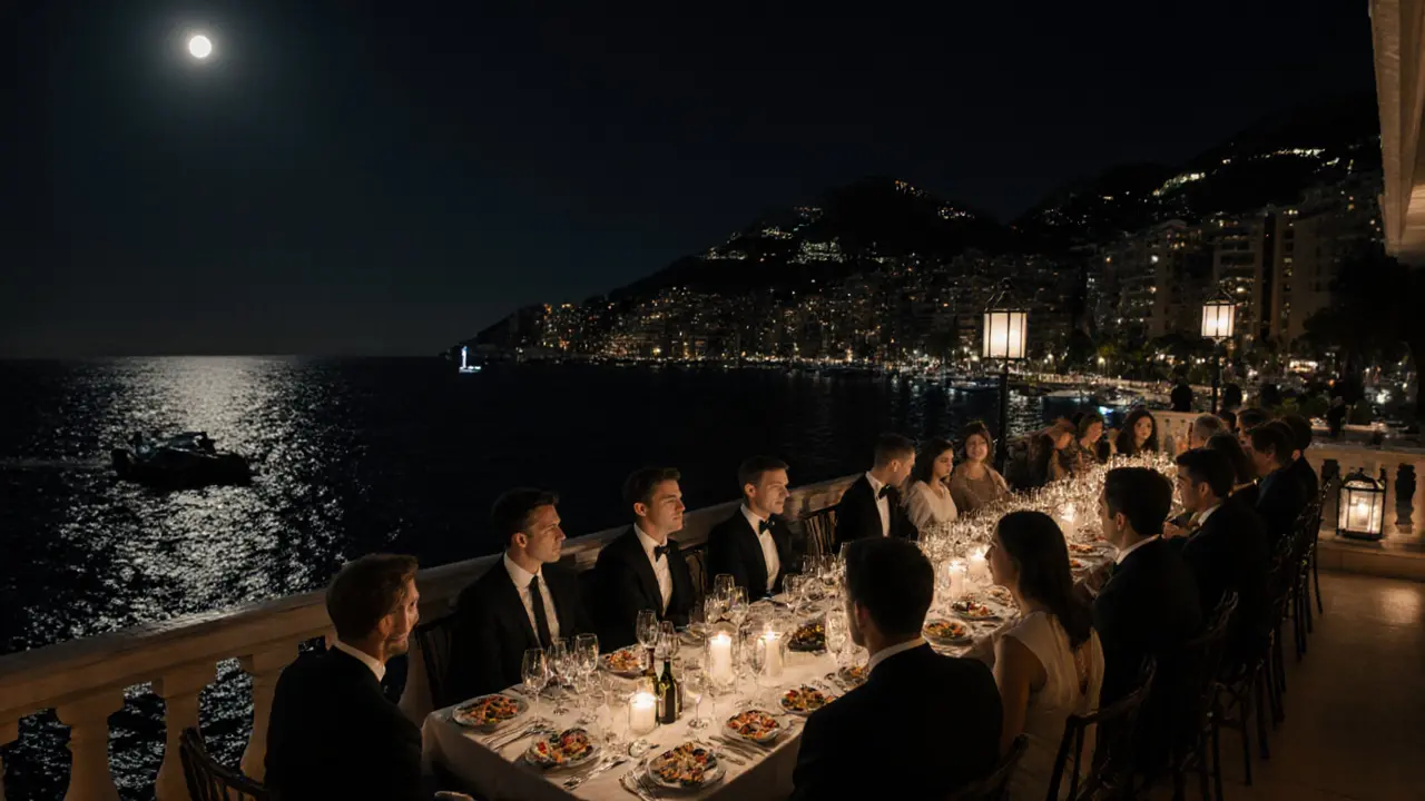 Sophisticated crowd at Yacht Club Monaco enjoying champagne and canapés under moonlight, F1 car visible in the distance.
