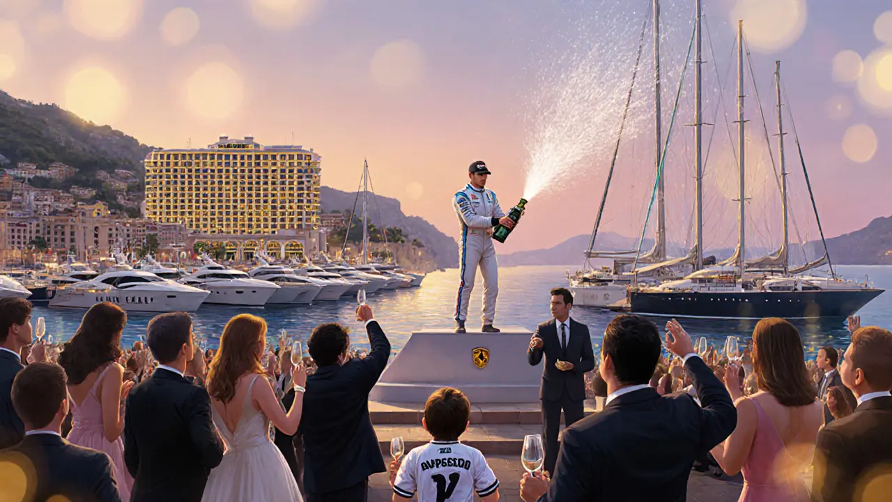 The F1 winner celebrates on the Monaco harbor podium as yachts and the Casino glitter in the twilight.