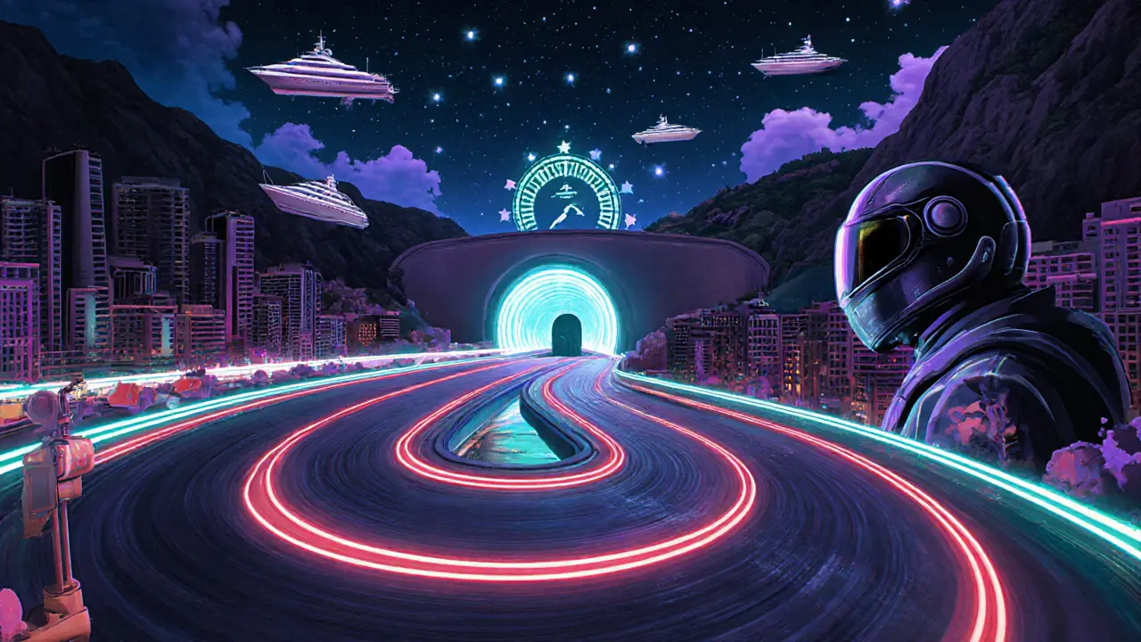 The Monaco circuit as a glowing neon path through a dreamlike night city, with yachts and stars surrounding the track.