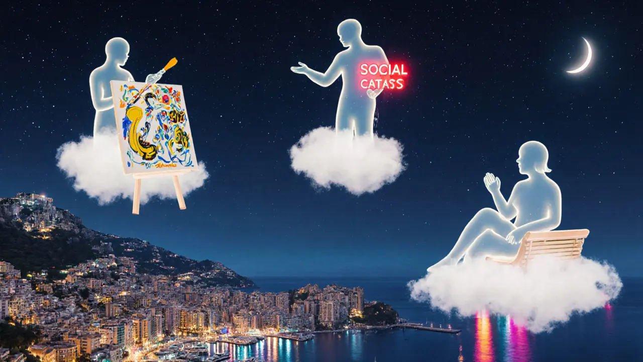 Three ethereal figures float above Monaco, symbolizing different types of companionship in the night sky.