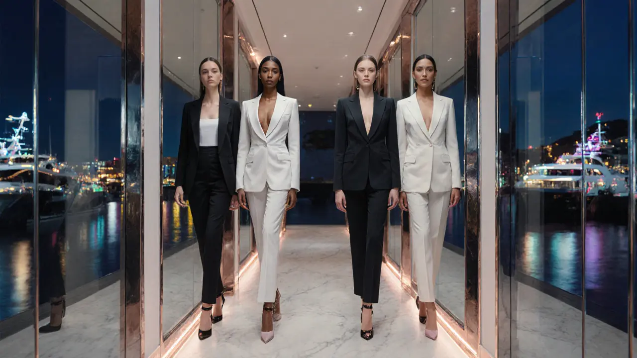 Three professional women in haute couture stand in a mirrored hallway, symbolizing exclusivity and discretion.