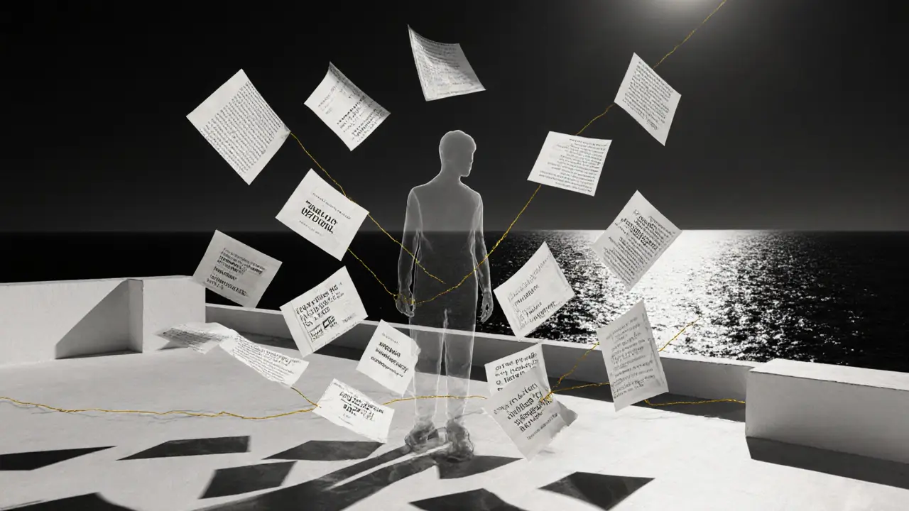 Transparent figure surrounded by floating pages of conversation and travel memories above a Mediterranean villa terrace.