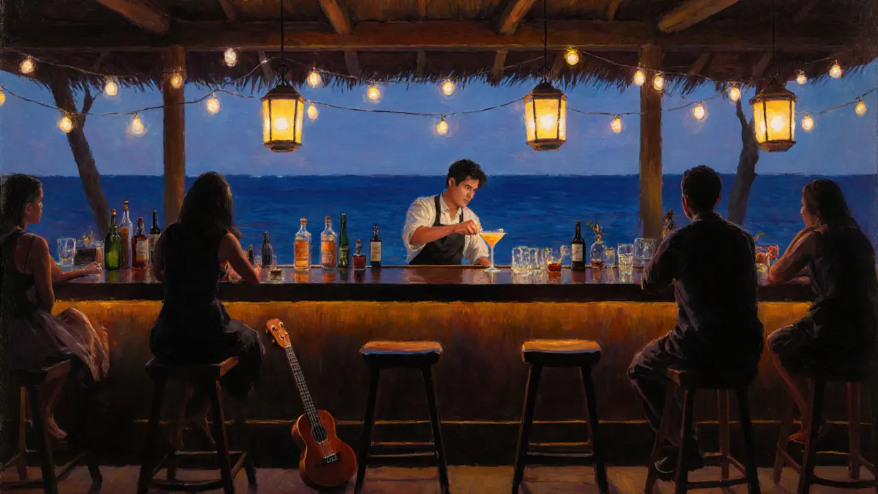 Twilight at the Saltwater Bar with artisan cocktails, string lights, and quiet conversation.