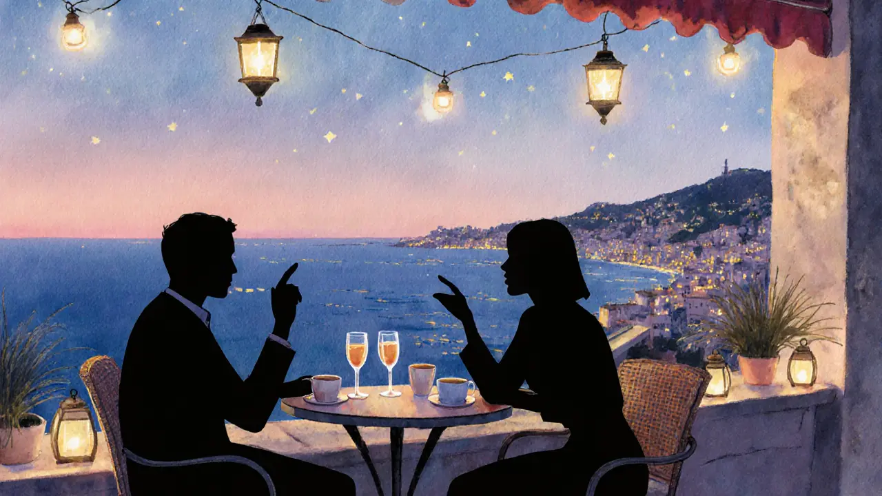 Two figures share a quiet moment at a rooftop bar in Monaco, overlooking the Mediterranean at twilight.