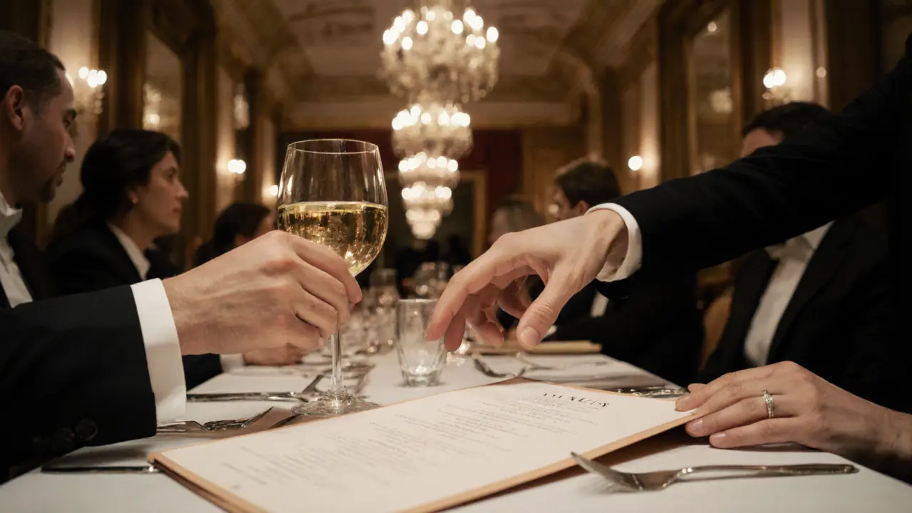 Two hands reaching across a fine dining table in Monaco, wine glass and menu in focus.